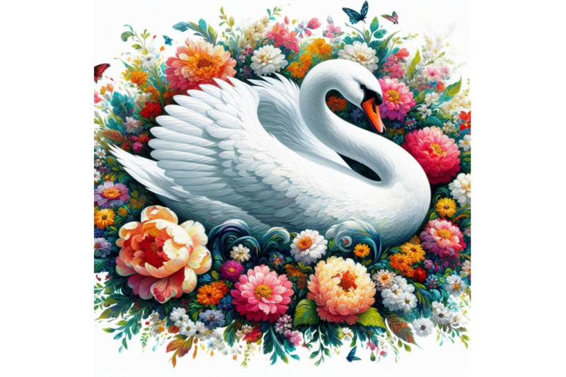 bundle-of-digital-art-of-an-elegant-white-swan-in-vibrant-array-of-flo