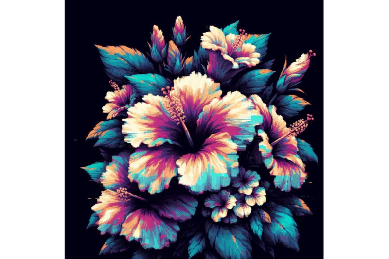 bundle-of-illustration-hibiscus-in-glitch-art-style-on-dark-background