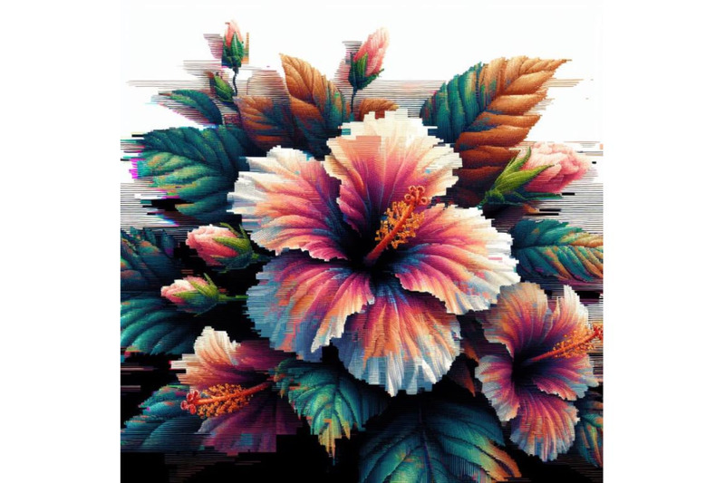 bundle-of-illustration-hibiscus-in-glitch-art-style-on-dark-background