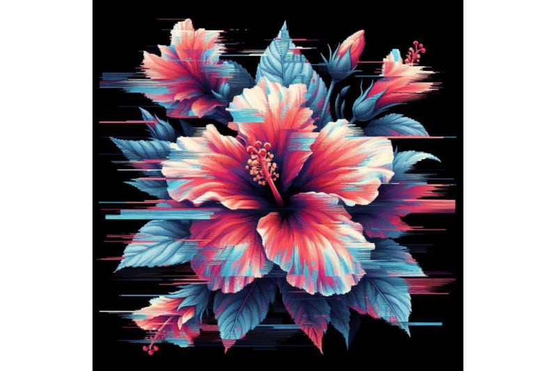 bundle-of-illustration-hibiscus-in-glitch-art-style-on-dark-background