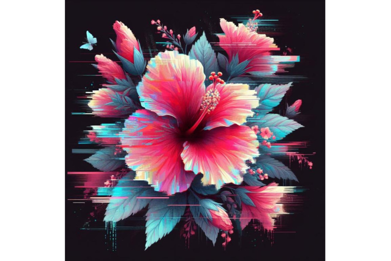 bundle-of-illustration-hibiscus-in-glitch-art-style-on-dark-background