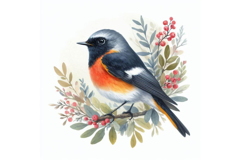 bundle-of-american-redstart-bird-watercolor-painting-white-background