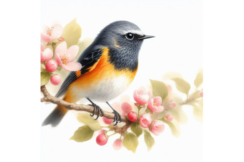 bundle-of-american-redstart-bird-watercolor-painting-white-background