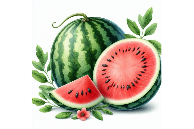 bundle-of-whole-watermelon-with-slice-and-leaves-isolated-on-white-ba