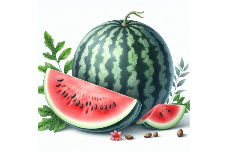 bundle-of-whole-watermelon-with-slice-and-leaves-isolated-on-white-ba