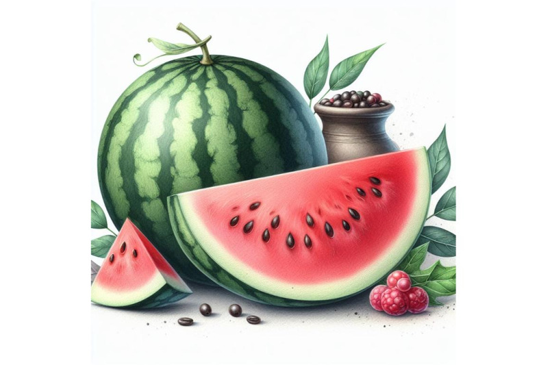 bundle-of-whole-watermelon-with-slice-and-leaves-isolated-on-white-ba