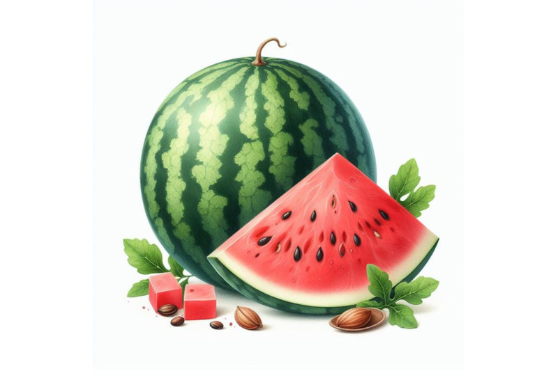 bundle-of-whole-watermelon-with-slice-and-leaves-isolated-on-white-ba