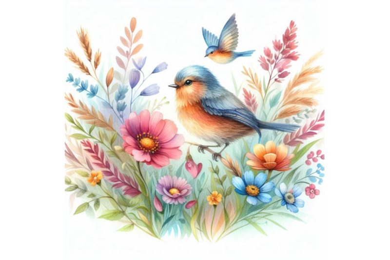 bundle-of-watercolor-colorful-bird-and-butterfly-with-grass-and-flower