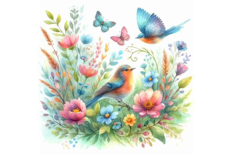 bundle-of-watercolor-colorful-bird-and-butterfly-with-grass-and-flower