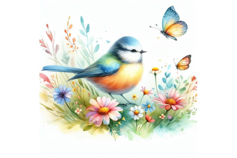 bundle-of-watercolor-colorful-bird-and-butterfly-with-grass-and-flower