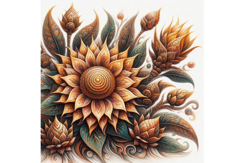 bundle-of-oriental-thai-sunflower-hand-drawn-in-abstract-style