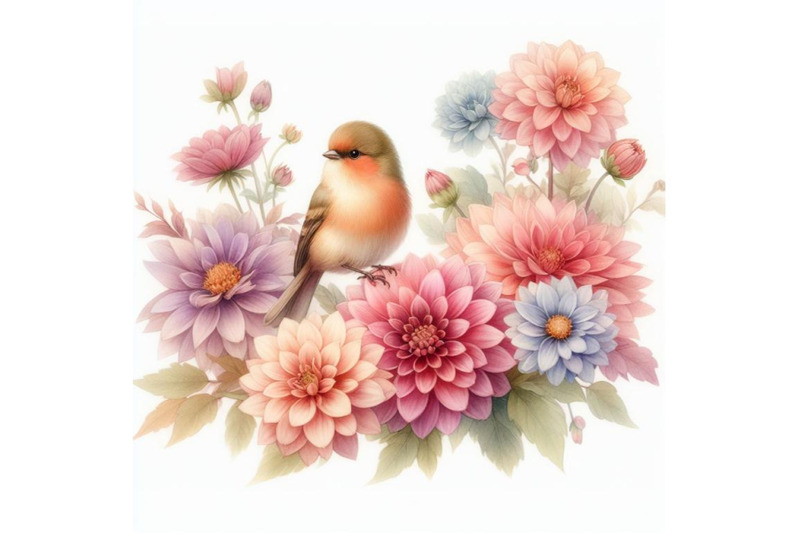 bundle-of-a-little-bird-and-blooming-dahlia-flowers