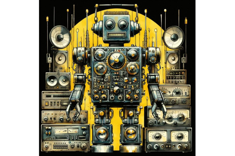 a-bundle-of-robot-made-of-analog-stereo-equipment-digital-art