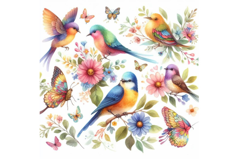 bundle-of-watercolor-colorful-birds-and-butterfly-with-leaves-and-flow