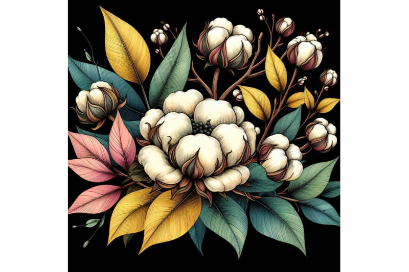 a-bundle-of-colorful-line-art-decoration-of-cotton-flower-with-leaves