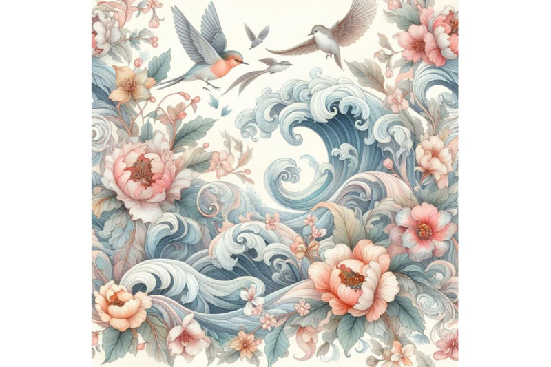 bundle-of-seamless-floral-background-with-waves-and-birds