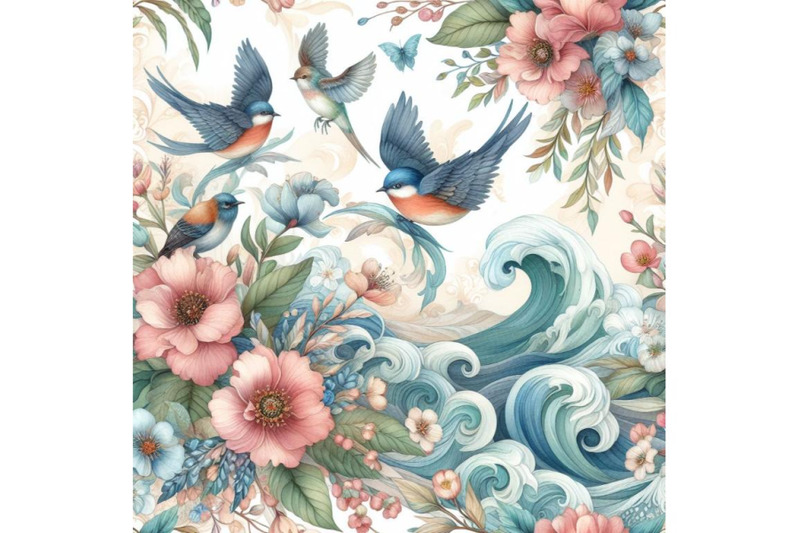 bundle-of-seamless-floral-background-with-waves-and-birds