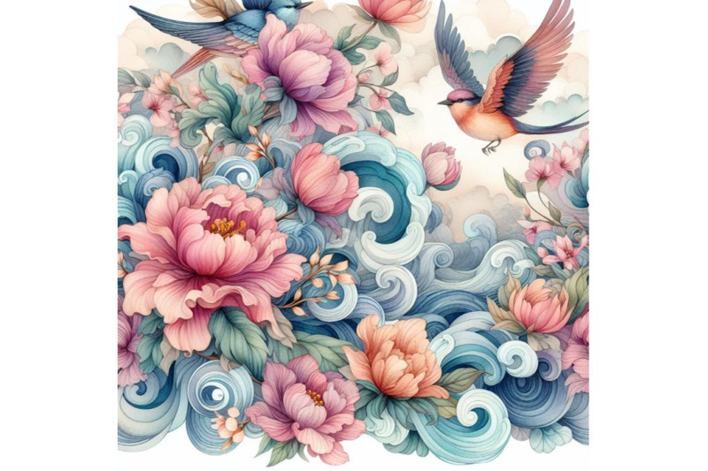 bundle-of-seamless-floral-background-with-waves-and-birds