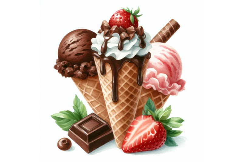 bundle-of-chocolate-ice-cream-cone-on-a-white-background