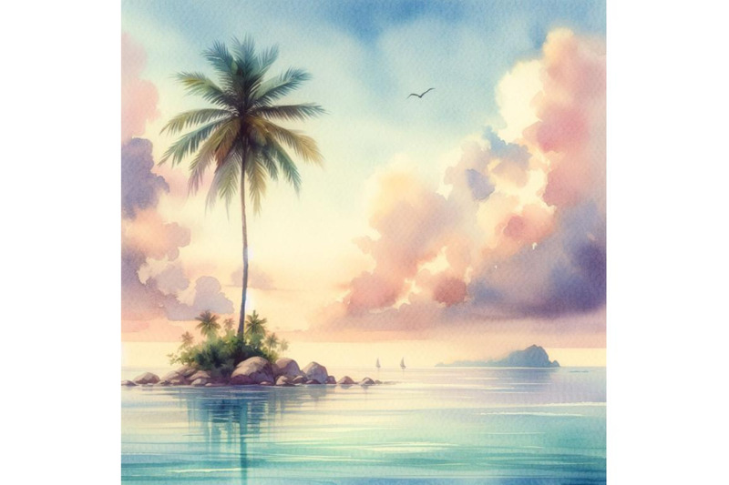 bundle-of-lonely-palm-tree-in-the-middle-of-ocean-on-background-of-sky