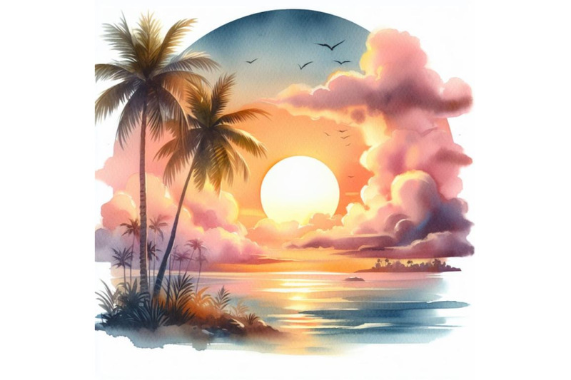 bundle-of-tropical-sunset-seascape-with-palm-tree-clouds-and-bright-su