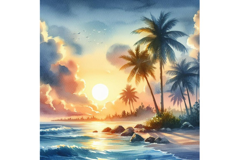 bundle-of-tropical-sunset-seascape-with-palm-tree-clouds-and-bright-su