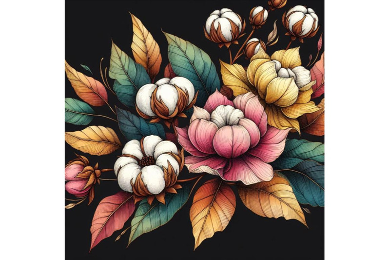 a-bundle-of-colorful-line-art-decoration-of-cotton-flower-with-leaves