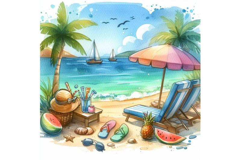 bundle-of-summer-vacation-on-a-beach-colorful-vector-background