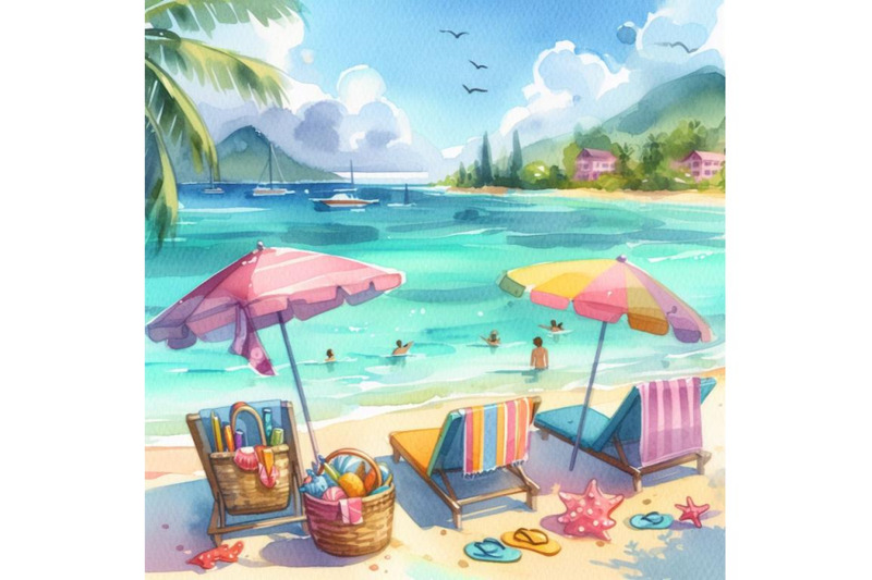 bundle-of-summer-vacation-on-a-beach-colorful-vector-background