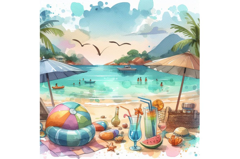 bundle-of-summer-vacation-on-a-beach-colorful-vector-background