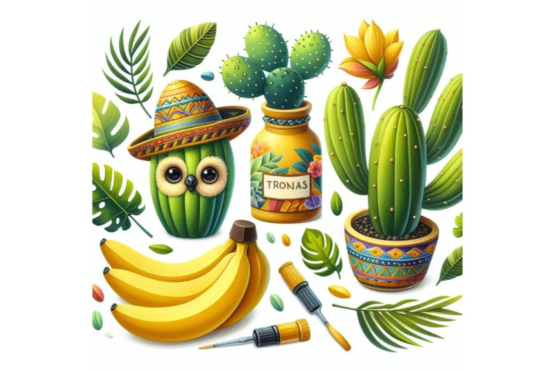 bundle-of-cute-tropcal-set-with-bananas-cacti-and-leaves-isolated-on