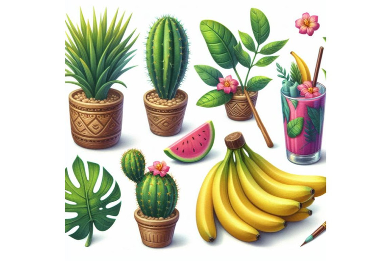 bundle-of-cute-tropcal-set-with-bananas-cacti-and-leaves-isolated-on