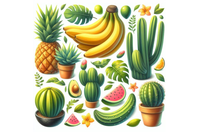 bundle-of-cute-tropcal-set-with-bananas-cacti-and-leaves-isolated-on