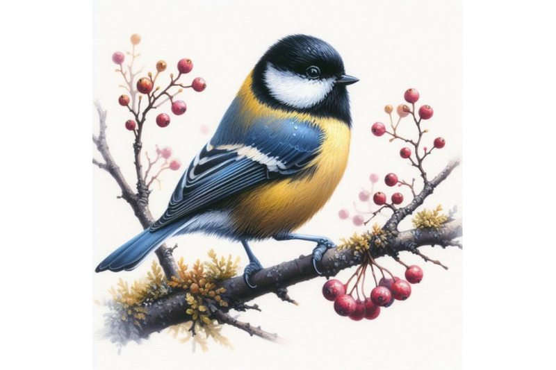 bundle-of-hand-painted-watercolor-tit-bird-on-the-branch-on-white-bac