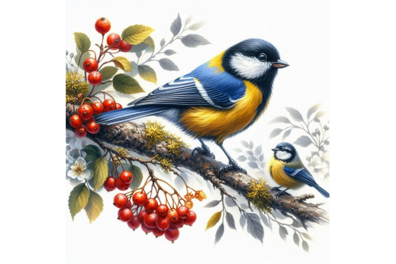 bundle-of-hand-painted-watercolor-tit-bird-on-the-branch-on-white-bac