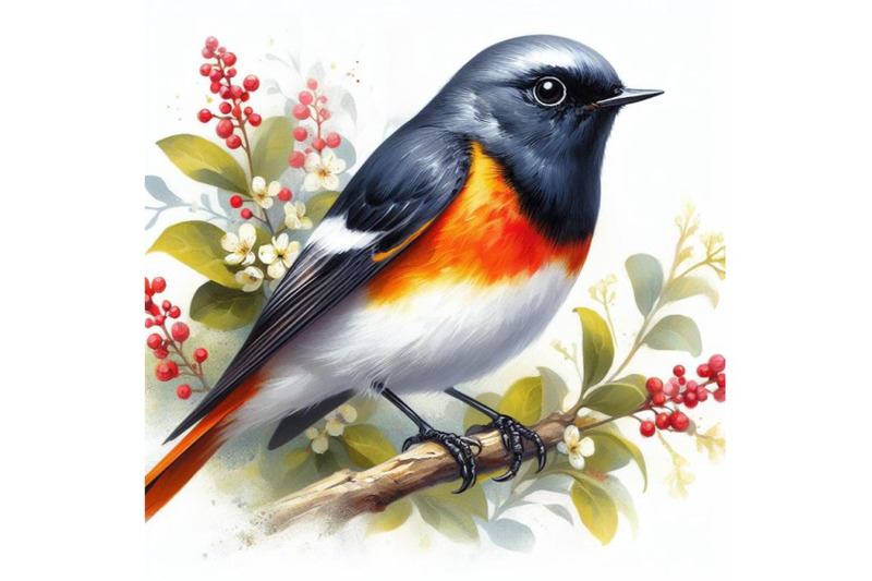 bundle-of-american-redstart-bird-watercolor-painting-white-background