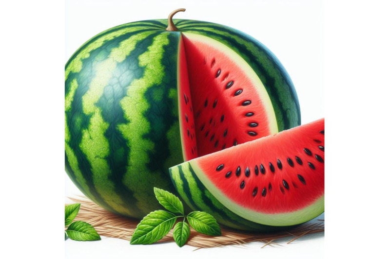 bundle-of-whole-watermelon-with-slice-and-leaves-isolated-on-white-ba