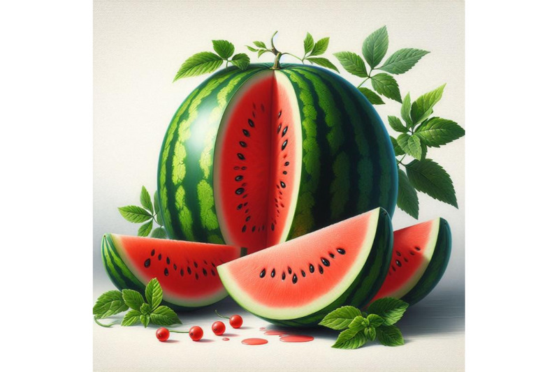 bundle-of-whole-watermelon-with-slice-and-leaves-isolated-on-white-ba