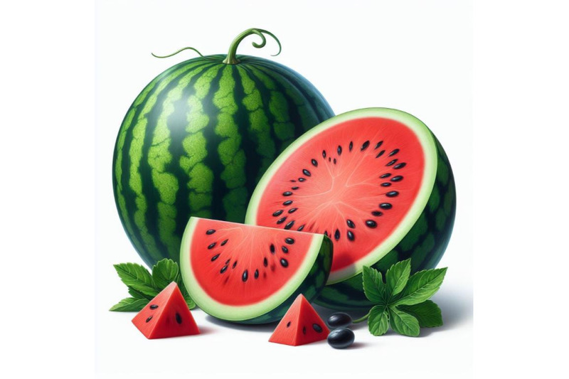 bundle-of-whole-watermelon-with-slice-and-leaves-isolated-on-white-ba