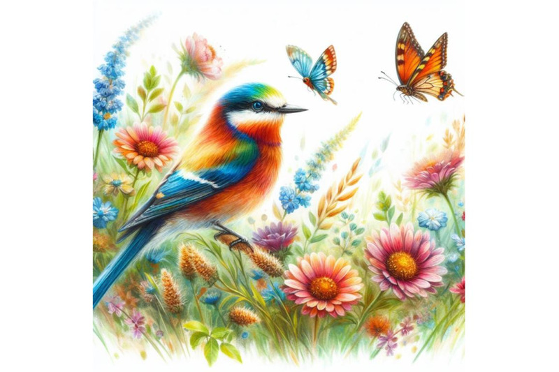 bundle-of-watercolor-colorful-bird-and-butterfly-with-grass-and-flower