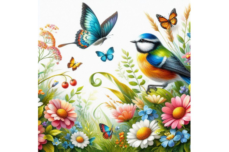 bundle-of-watercolor-colorful-bird-and-butterfly-with-grass-and-flower