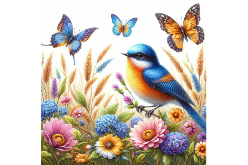 bundle-of-watercolor-colorful-bird-and-butterfly-with-grass-and-flower