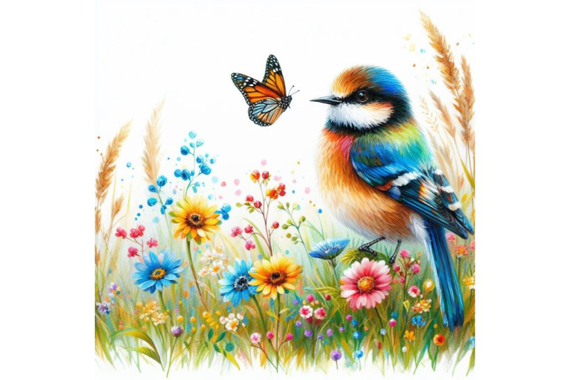 bundle-of-watercolor-colorful-bird-and-butterfly-with-grass-and-flower