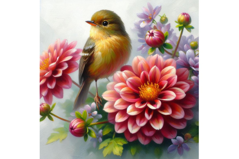 bundle-of-a-little-bird-and-blooming-dahlia-flowers