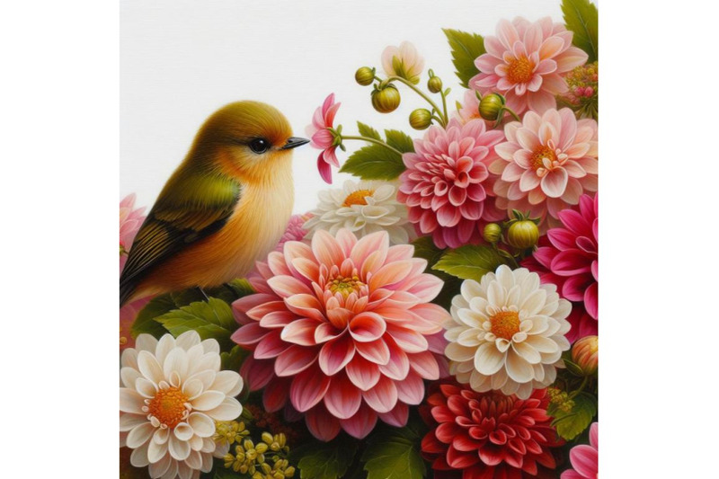 bundle-of-a-little-bird-and-blooming-dahlia-flowers