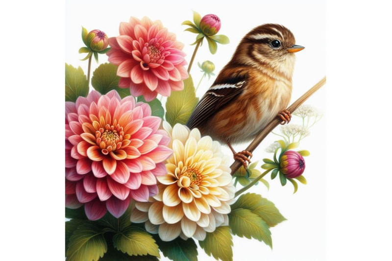 bundle-of-a-little-bird-and-blooming-dahlia-flowers