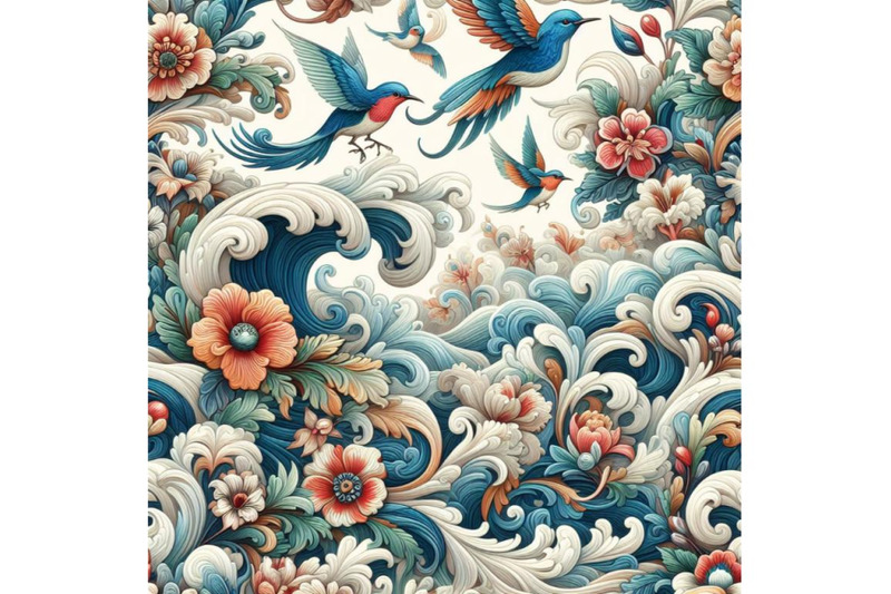 bundle-of-seamless-floral-background-with-waves-and-birds