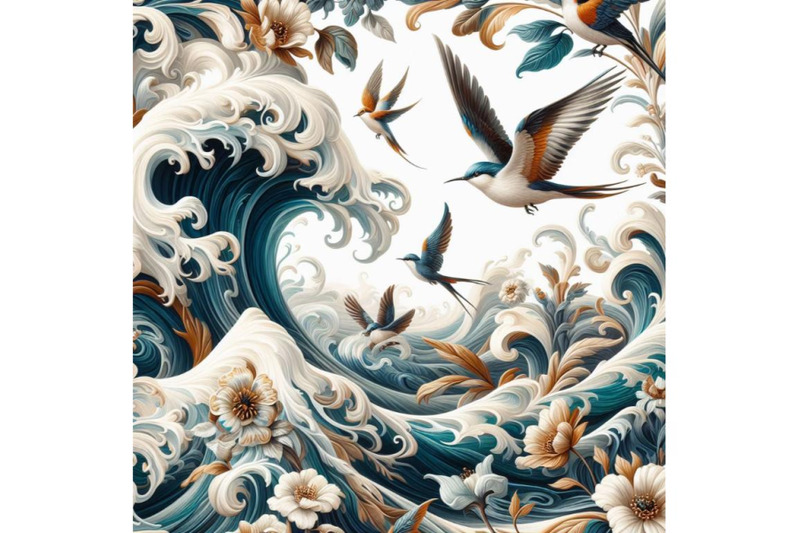 bundle-of-seamless-floral-background-with-waves-and-birds