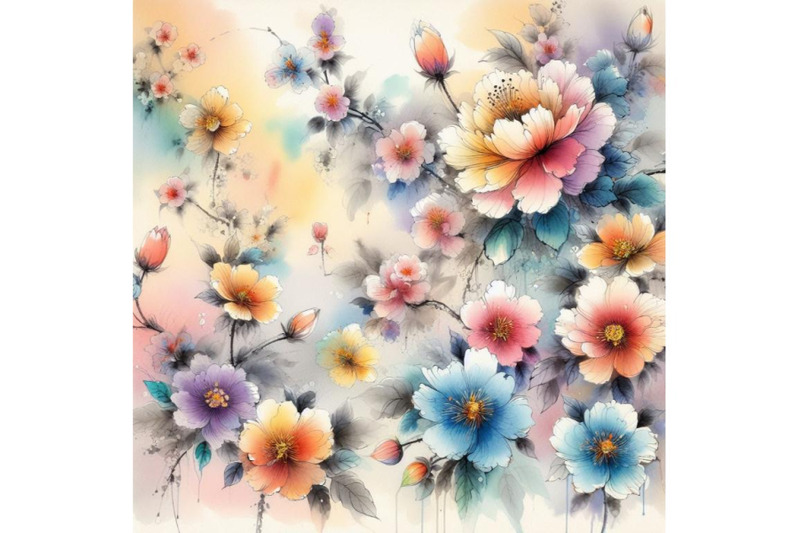 bundle-of-colorful-chinese-painting-traditional-ink-artwork-of-flower