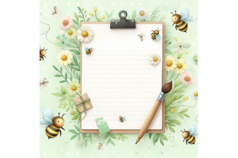 bundle-of-cute-soft-green-note-paper-with-bees-background